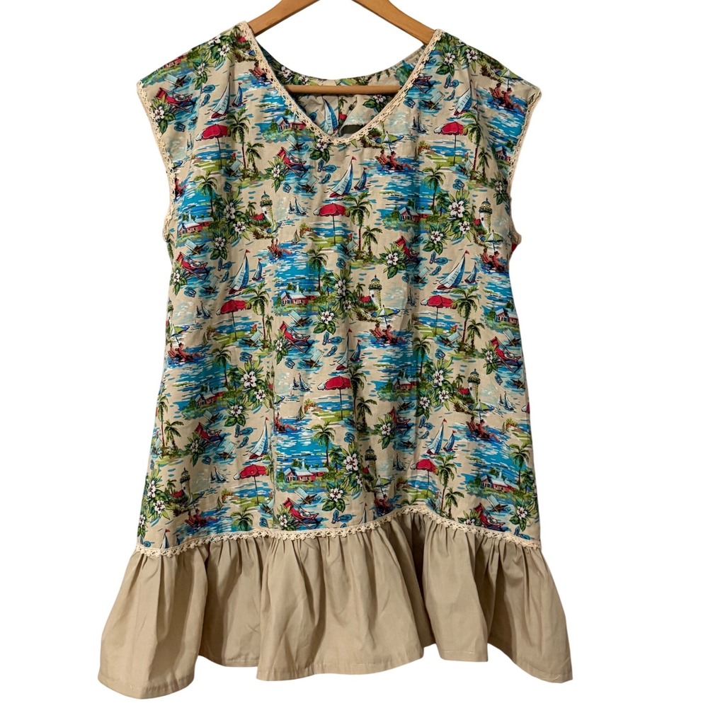 Tropical Hawaiian Beach Scene Ruffle Hem Mini Dress Size XL Tan Blue Handmade - Picture 2 of 8